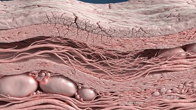 Close-Up Microscopic View of Human Skin Layers Illustrating Epidermis Dermis And Subcutaneous Tissue With Visible Blood Vessels And Adipose Cells In Subtle