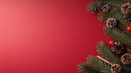 Festive pine branch and pinecone arrangement on red background creating warm holiday mood