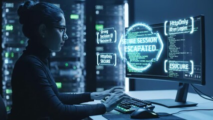 A woman wearing glasses types on a keyboard, with coding on screen in a server room - Powered by Adobe
