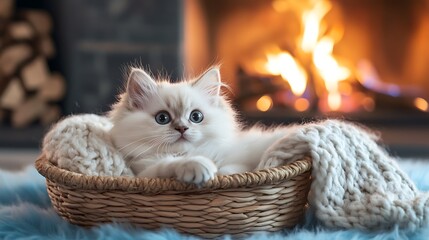 Sweet fluffy kitten nestled in a wicker basket by the fireplace on blue background