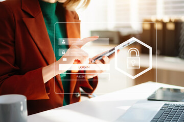 Cyber security concept, Login, User, identification information security and encryption, secure access to user's personal information woman using smart phone and tablet in office