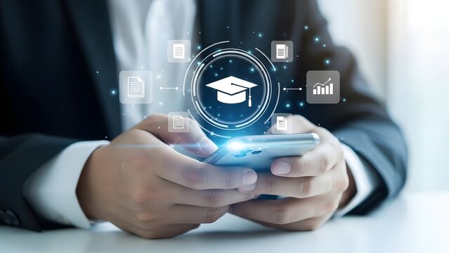 Man using smartphone with online education and learning technology concept interface