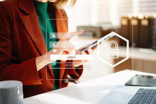 Cyber security concept, Login, User, identification information security and encryption, secure access to user's personal information woman using smart phone and tablet in office