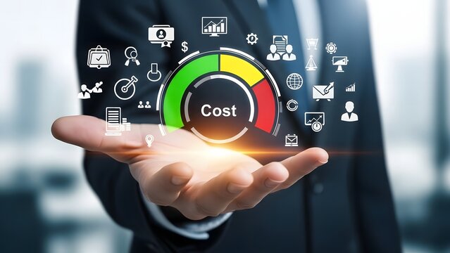 Businessman presenting cost management concept with gauge and icons in hand