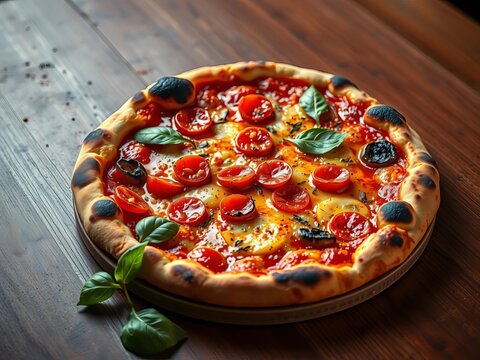 Neapolitan style pizza with a bubbly, charred crust and simple toppings , dough, artisanal - Powered by Adobe