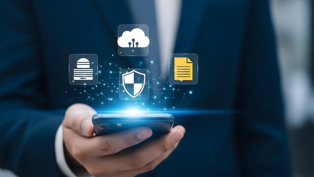 Man holding smartphone with cloud computing and data security icons hovering above it