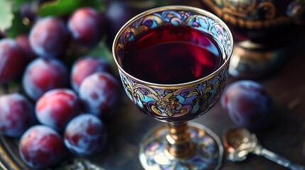 Sweet plum wine in a decorative cup