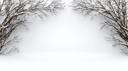 Snowy tree branches framing empty winter landscape, calm minimal scene with frosty silhouettes