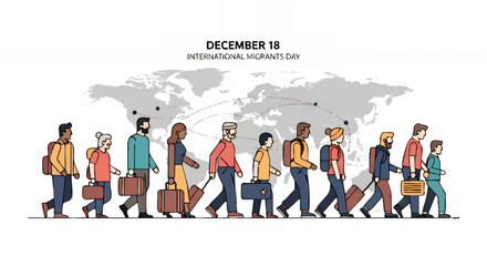 A diverse group of people are walking with luggage in front of a world map, representing International Migrants Day on December 18.