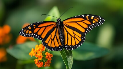 Fototapeta premium A beautiful monarch butterfly with orange and black wings collects nectar from a colorful flower in a summer garden