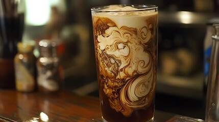 Sweetened iced coffee with cream swirls