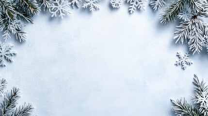 Frosted pine branches and snowflake border on soft winter white background, serene scene