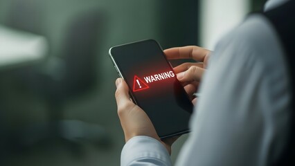 Frustrated businessman holding smartphone displaying error message indicating technical difficulties