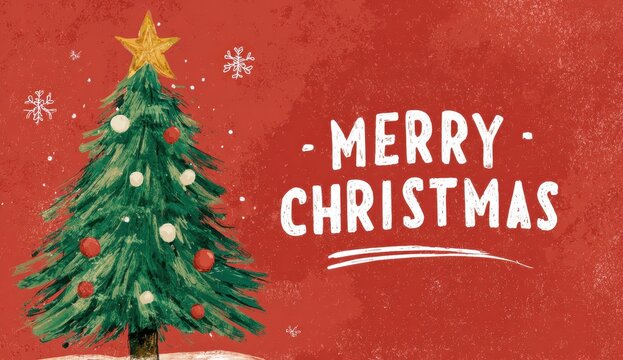 Festive Merry Christmas greeting card with hand-painted texture. Rustic holiday illustration featuring a decorated pine tree, star, and red background.