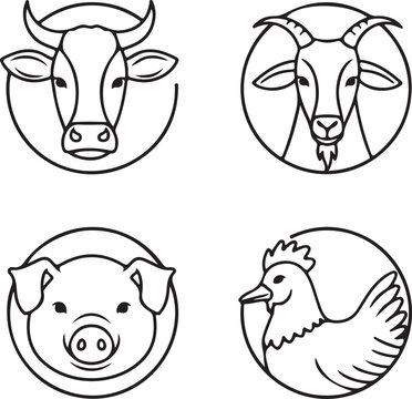 Line art farm animals vector set cow goat pig and chicken head icons