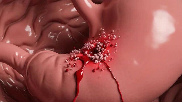 Close-up of a stomach ulcer with bleeding and inflammation displayed in a medical illustration with realistic lighting and detailed texture