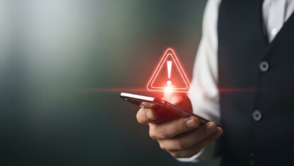 Businessman holding smartphone with red warning sign indicating alert or error