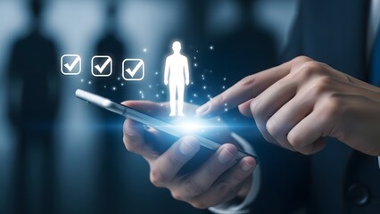 Businessman using smartphone for talent acquisition and recruitment process with checklist icons