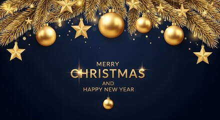 Golden christmas and new year greeting banner with festive decor