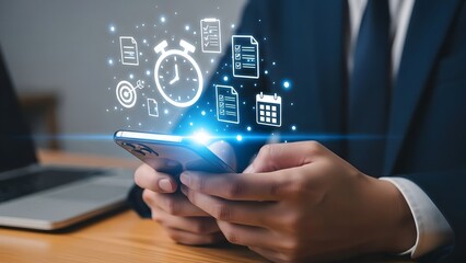 Businessman using smartphone with time management and productivity icons overlaying the screen