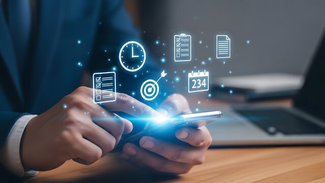 Businessman using smartphone with digital icons representing business tasks and management