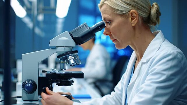 A middle-aged blonde caucasian woman in white lab coat meticulously adjusts a microscope on a high-tech workbench in a modern lab. Dolly zoom reveals her intense focus. Concept of groundbreaking