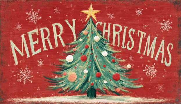 Vintage Merry Christmas sign illustration: Festive decorated tree with star, red and white ornaments, and painted snowflakes on a distressed rustic barn red wood background.
