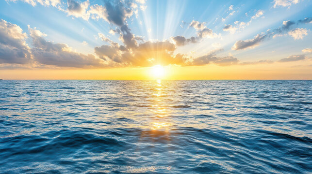 Sunrise ocean horizon sunlight rays over calm sea with golden reflection - Powered by Adobe