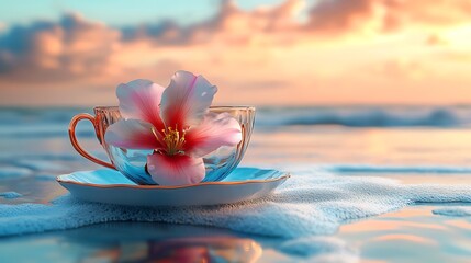 Tea cup and saucer designed like a blooming flower on beach background