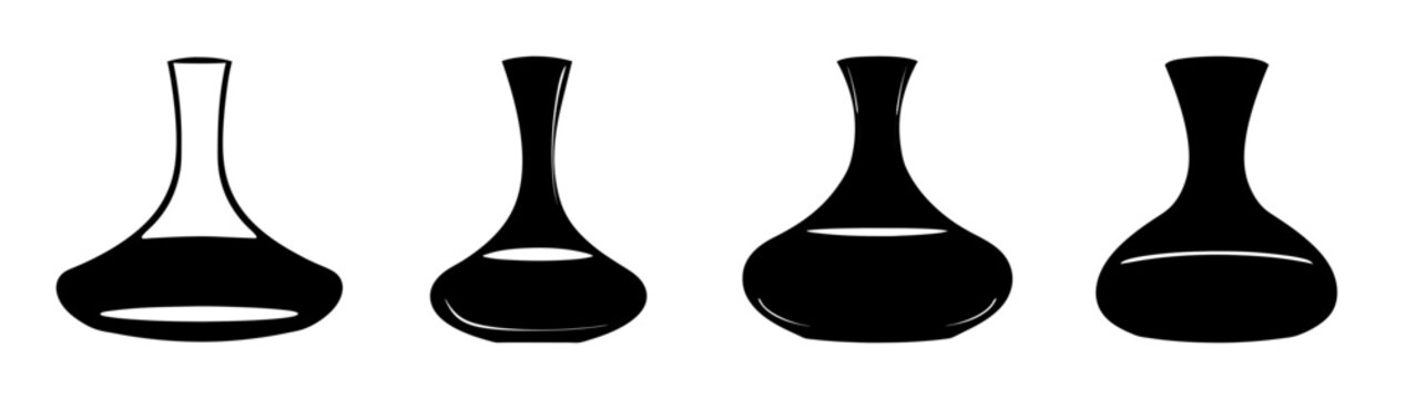 Four different silhouettes of wine decanters presented in a black and white vector illustration