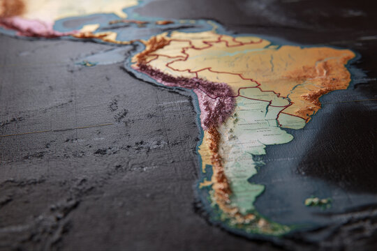 Relief map, South America, topography, Andes, geography with dramatic texture and depth