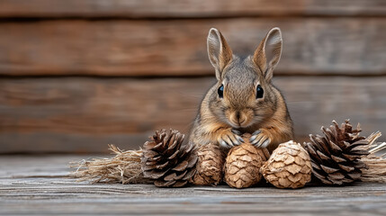 Adorable brown rabbit with pine cones on wooden surface, cozy rustic mood
