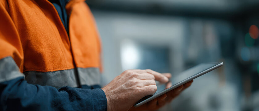 Oil worker digital tablet safety jacket industrial maintenance focused hands guide modern