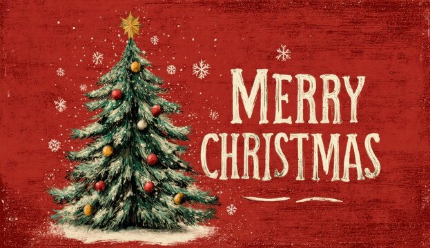 Rustic Merry Christmas sign painted on distressed red wood texture featuring a decorated Christmas tree, ornaments, snowflakes, and vintage festive greeting banner. - Powered by Adobe