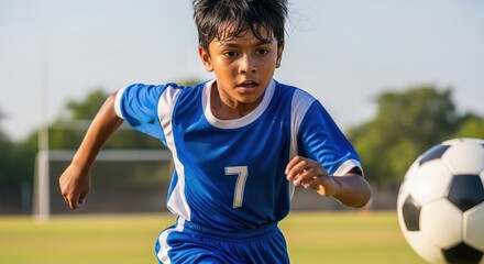 Indian Schoolboy in Soccer Kit — Chasing Ball on Outdoor Field