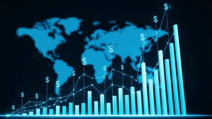 Blue world map background with rising bar graph and dollar symbols - Powered by Adobe
