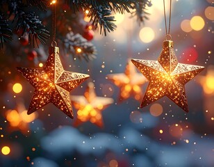 Close-up of gold star ornaments on a fir branch with bokeh lights