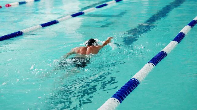 A Competitive Swimmer Engaging in a Formative Practice Session in a Clear, Well-Lit Pool, Demonstrating Skillful Techniques in Stroke and Breath Control