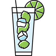 Tall Glass of Refreshing Mojito Cocktail With Ice Cubes Fresh Mint Leaves And Lime Slice On Transparent Background Minimalist Illustration