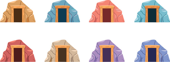 Colorful Cave Entrances With Wooden Doors On White Background rock
