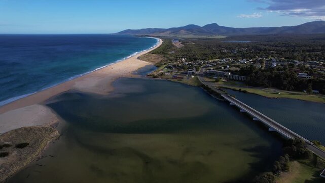 Scamander River And Steels Beach In Tasmania, Australia - Drone Shot