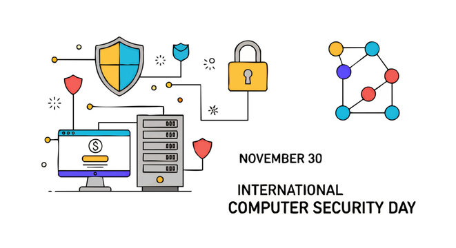 Illustration concept for International Computer Security Day, showcasing data protection, network safety, and server security with flat line art icons