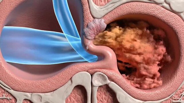 Close-up of Inner Ear Anatomy Showing Otitis Media Infection with Fluid Buildup and Inflammation Causing Hearing Loss