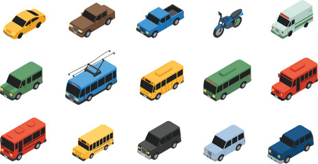 Isometric Vector Vehicles Collection On White Background truck motorcycle © MD MOZAMMEL HAQUE