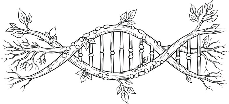 Artistic representation of dna structure intertwined with tree branches and leaves, symbolizing life, genetics, and nature