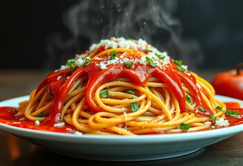 A mountain of spaghetti, sauce cascading down the sides,   macro,  comfort food