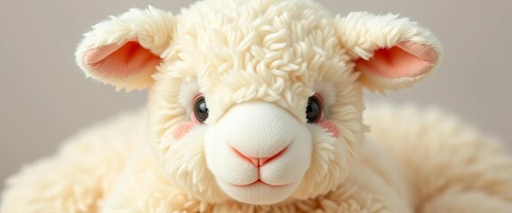 Soft, fluffy white lamb teddy with rosy cheeks and floppy ears,  floppy ears,  gentle
