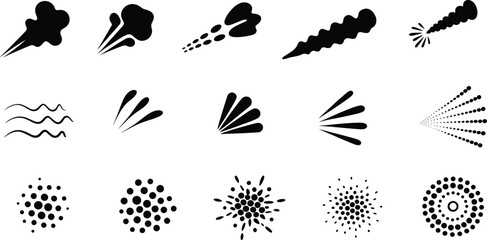 Set of black spray and mist effect icons vapor smoke