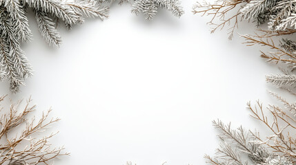 Snowy fir branch border with frosted twigs and minimalist winter mood