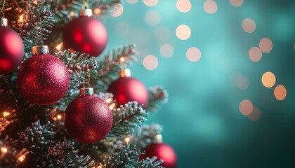 Obraz premium Festive Christmas Tree with Red Ornaments and Bokeh